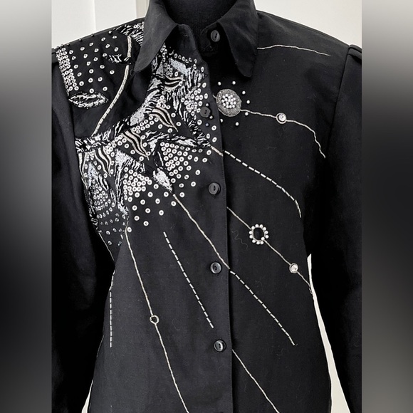 TOP TOPS Vintage Embellished Black Button Front Blouse Sequins Beads 80's Vibes - Picture 3 of 16